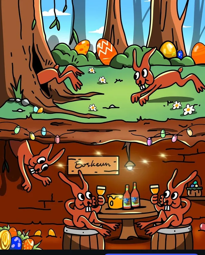 Illustratie van de Boskeun-konijnen in hun ondergrondse bar