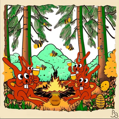 Tekening van de Boskeun-konijnen rond een kampvuur in het bos, met bijen en een pot honing