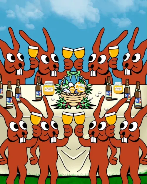 Tekening van de Boskeun-konijnen die klinken aan de paastafel