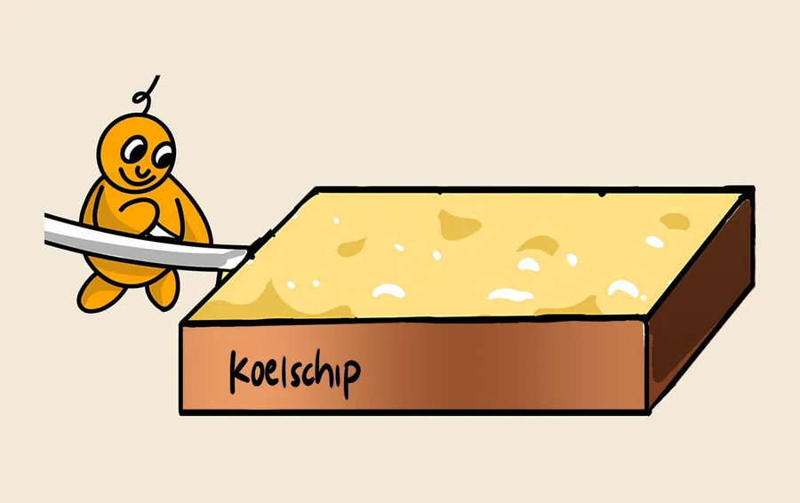 Tekening: het Oerbier-mannetje bij stap 5, het koelschip